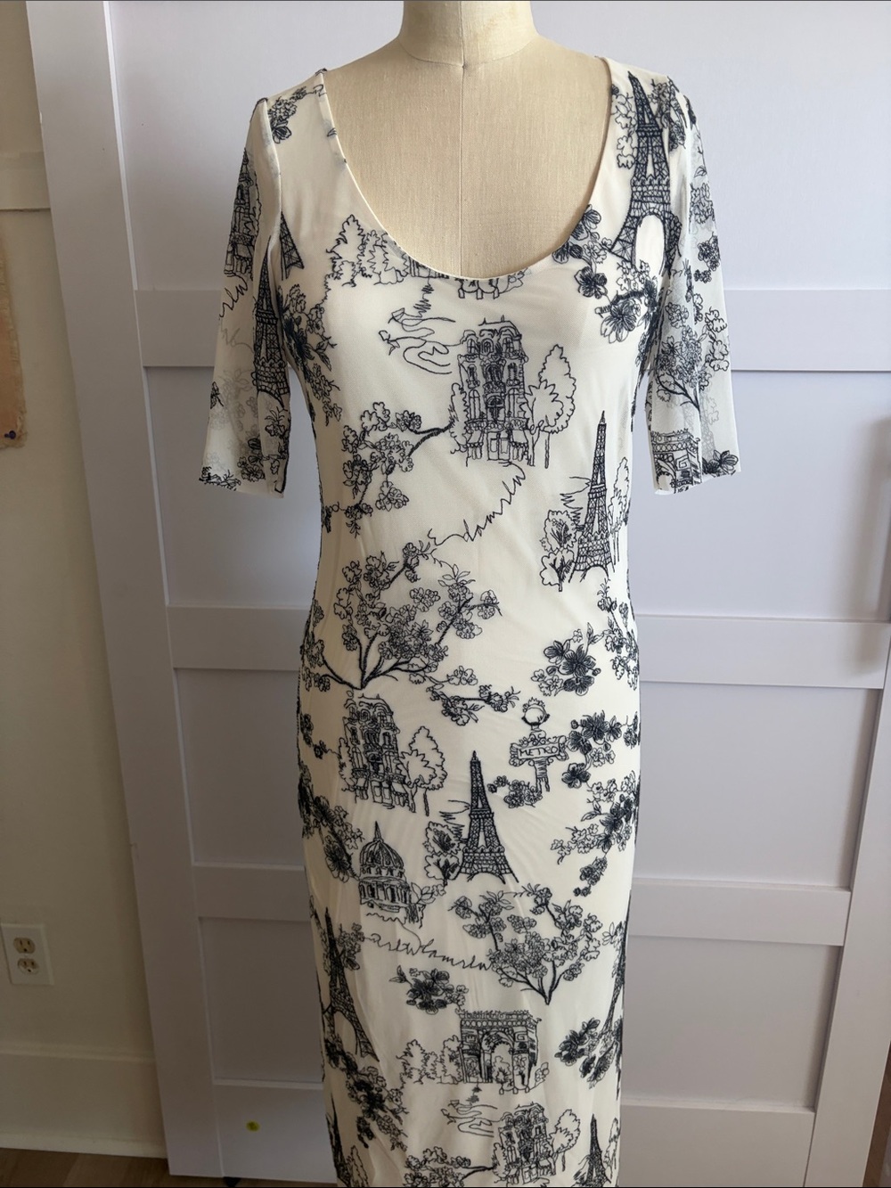 Jade Cream Midi Dress with Black Scenic Print